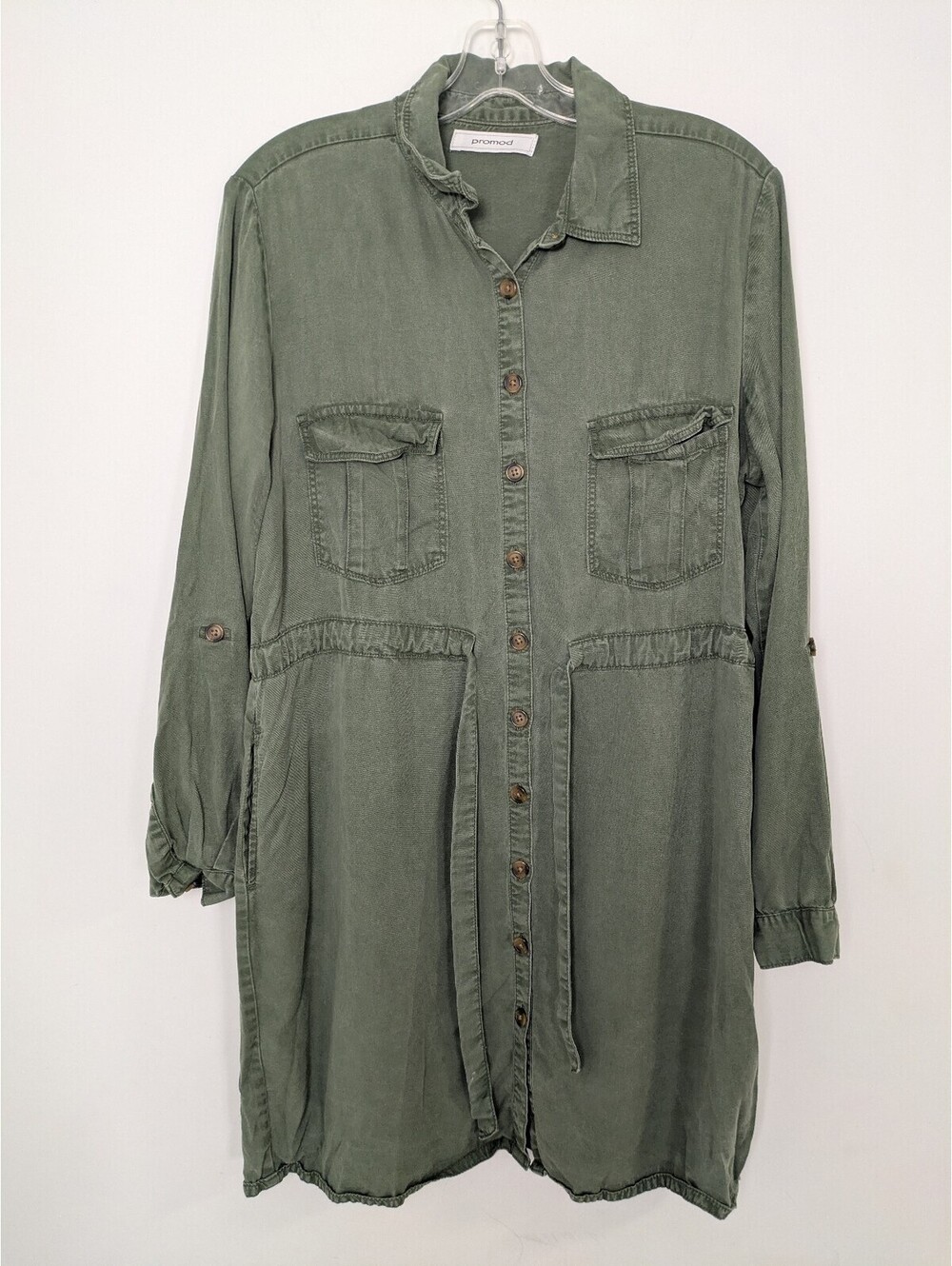 Promod Olive Green Utility Shirt Dress Button Front Belted Long Sleeve Tunic
